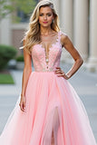 Long Tulle Blush Pink Appliqued Prom Dress with Slit