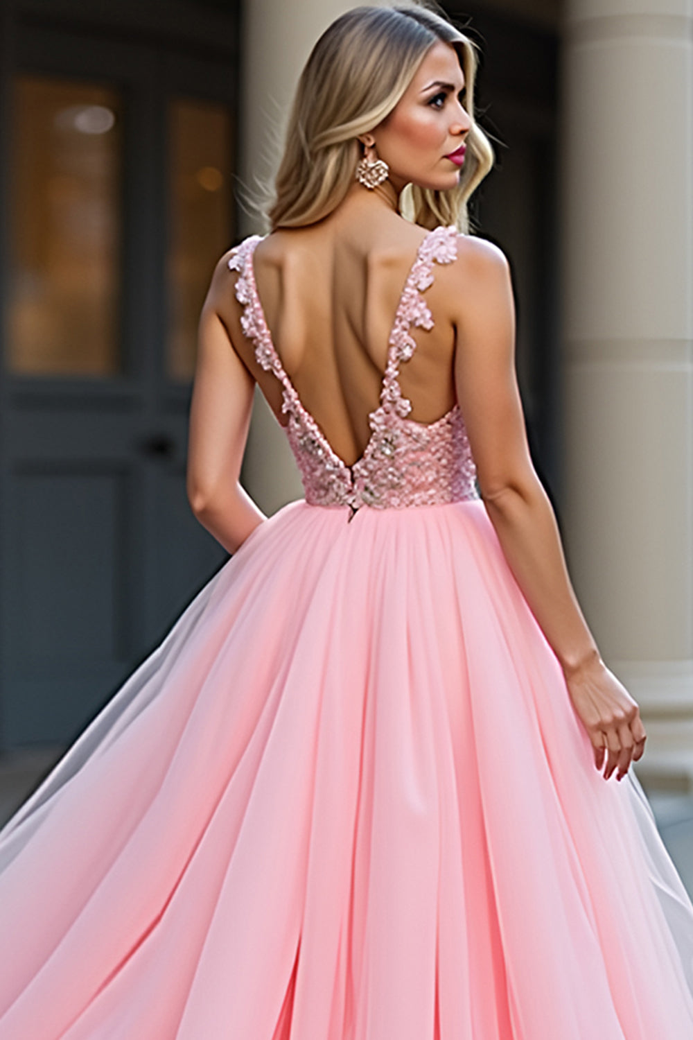 Long Tulle Blush Pink Appliqued Prom Dress with Slit