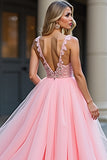 Long Tulle Blush Pink Appliqued Prom Dress with Slit