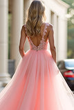 Long Tulle Blush Pink Appliqued Prom Dress with Slit