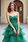 Sweetheart Tulle Dark Green Tiered Long Prom Dress