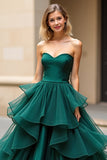 Dark Green Tiered Sweetheart Satin Organza Long Prom Dress
