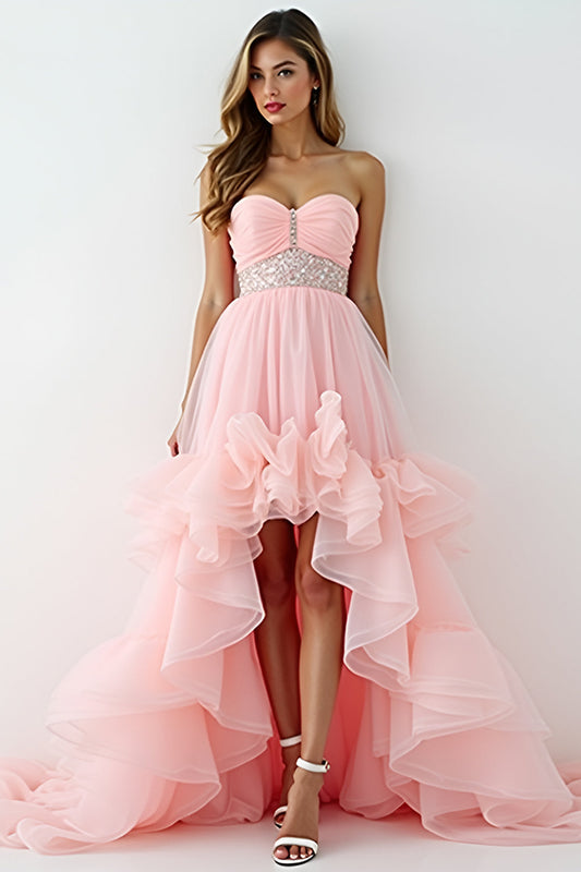 Asymmetrical Strapless Blush Pink Long Prom Dress with Ruffles