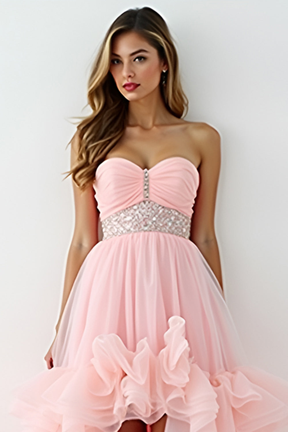 Asymmetrical Strapless Blush Pink Long Prom Dress with Ruffles