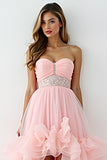 Asymmetrical Strapless Blush Pink Long Prom Dress with Ruffles