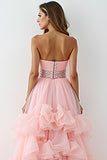 Asymmetrical Strapless Blush Pink Long Prom Dress with Ruffles