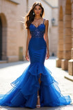 Spaghetti Straps Royal Blue Mermaid Tiered Long Prom Dress
