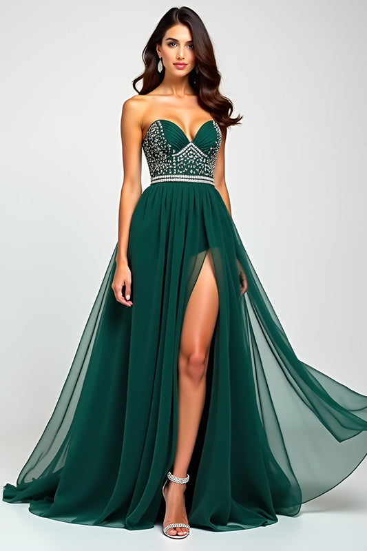 Beaded A Line Dark Green Flowy Tulle Long Prom Dress with Slit