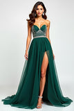 Beaded A Line Dark Green Flowy Tulle Long Prom Dress with Slit