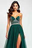 Beaded A Line Dark Green Flowy Tulle Long Prom Dress with Slit