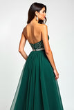 Beaded A Line Dark Green Flowy Tulle Long Prom Dress with Slit