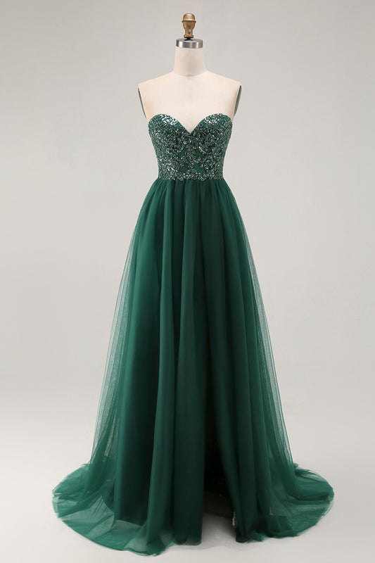 Sparkly Dark Green Sweetheart Long Prom Dress with Sequins