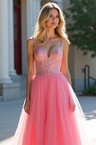 Tulle Ball Gown Sparkly Blush Pink Long Prom Dress with Beading