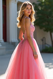 Tulle Ball Gown Sparkly Blush Pink Long Prom Dress with Beading