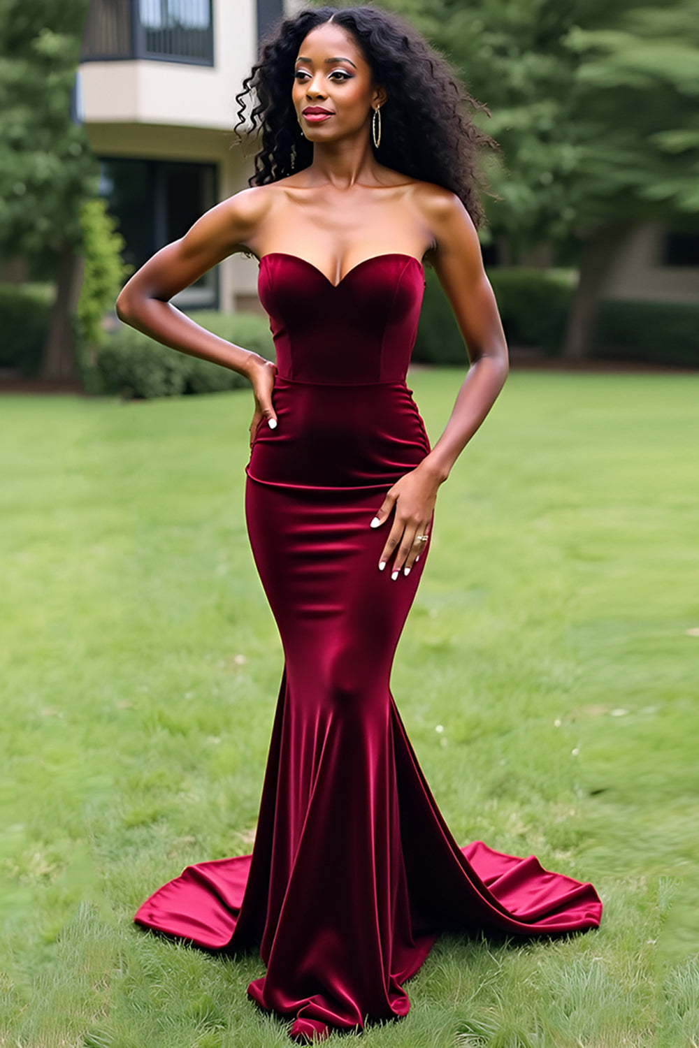 Strapless Velvet Long Burgundy Mermaid Prom Dress