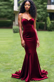 Strapless Velvet Long Burgundy Mermaid Prom Dress