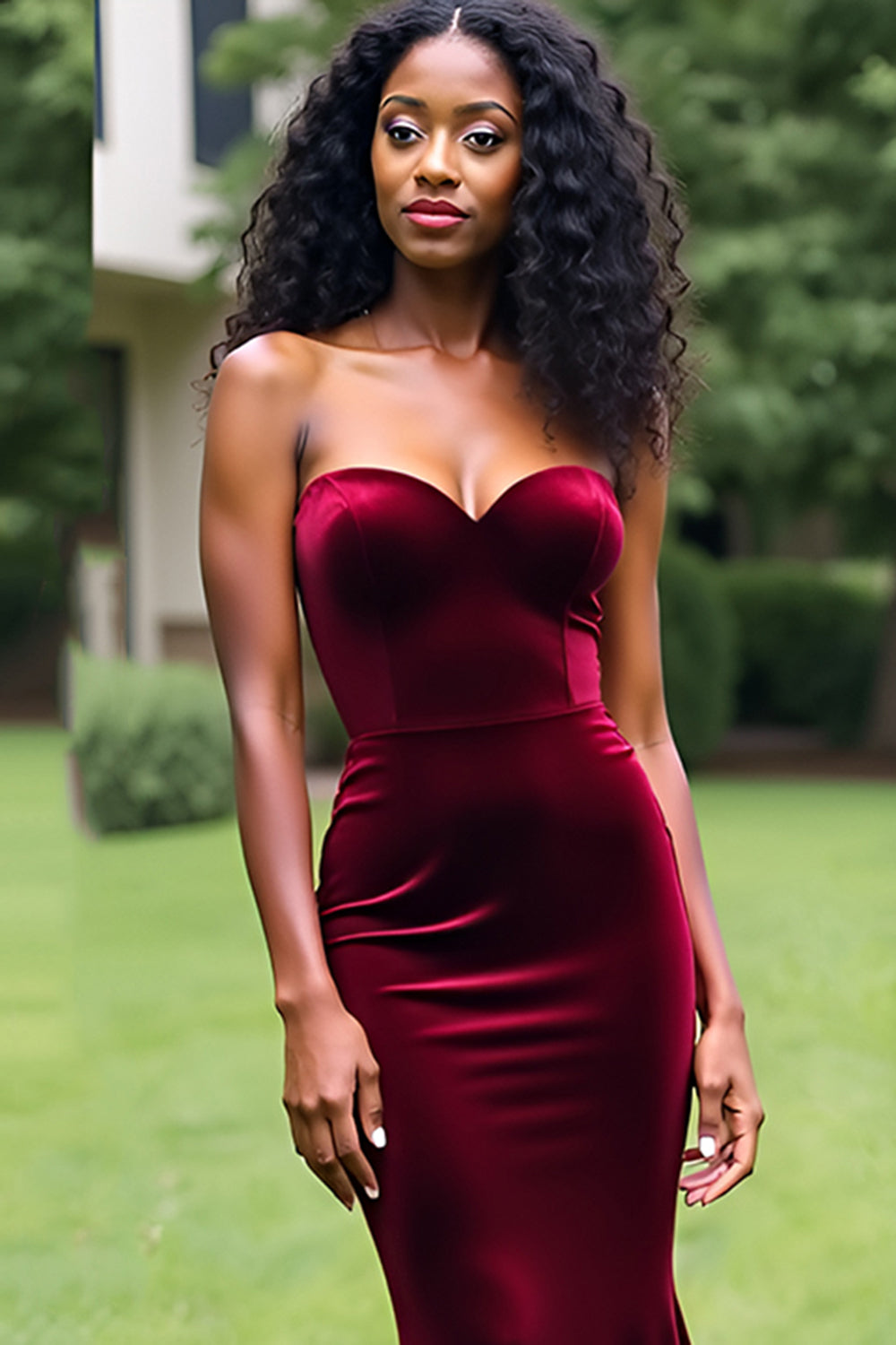 Strapless Velvet Long Burgundy Mermaid Prom Dress