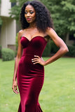 Strapless Velvet Long Burgundy Mermaid Prom Dress