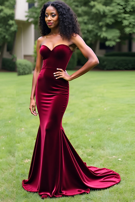 Strapless Velvet Long Burgundy Mermaid Prom Dress