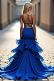 Tiered Asymmetrical Royal Blue Mermaid Long Prom Dress with Beading