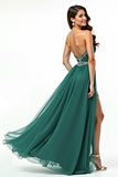Beaded A Line Dark Green Sweetheart Long Prom Dress with Slit