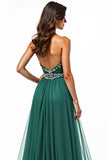Beaded A Line Dark Green Sweetheart Long Prom Dress with Slit