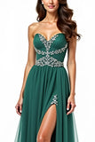 Beaded A Line Dark Green Sweetheart Long Prom Dress with Slit