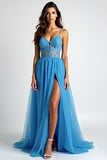 Appliqued Light Blue A Line Ruched Long Prom Dress with Slit