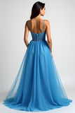Appliqued Light Blue A Line Ruched Long Prom Dress with Slit