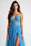 Appliqued Light Blue A Line Ruched Long Prom Dress with Slit