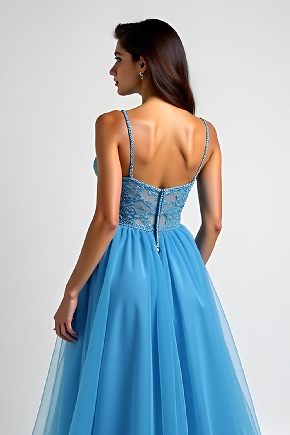 Appliqued Light Blue A Line Ruched Long Prom Dress with Slit