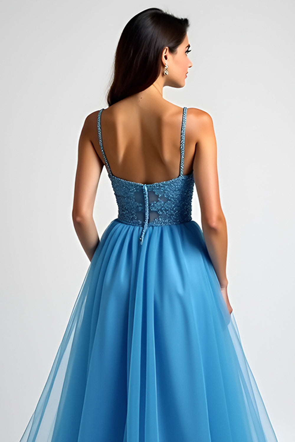Appliqued Light Blue A Line Ruched Long Prom Dress with Slit