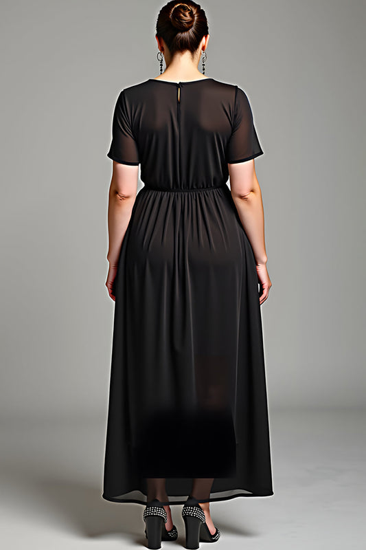 V-Neck Black Chiffon Plus Size Mother of the Bride Dress with Short Sleeves
