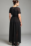 V-Neck Black Chiffon Plus Size Mother of the Bride Dress with Short Sleeves