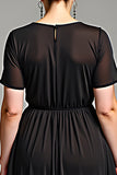 V-Neck Black Chiffon Plus Size Mother of the Bride Dress with Short Sleeves