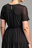 V-Neck Black Chiffon Plus Size Mother of the Bride Dress with Short Sleeves