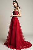 Beaded Burgundy A Line Tulle Strapless Long Prom Dress