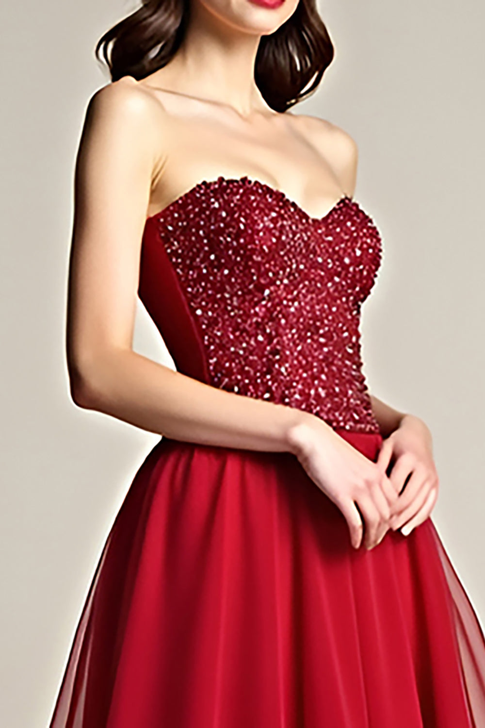 Beaded Burgundy A Line Tulle Strapless Long Prom Dress