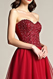 Beaded Burgundy A Line Tulle Strapless Long Prom Dress