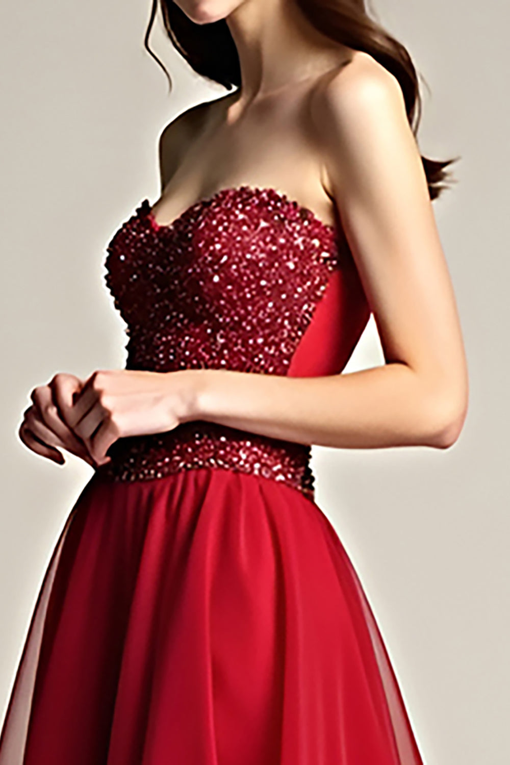 Beaded Burgundy A Line Tulle Strapless Long Prom Dress