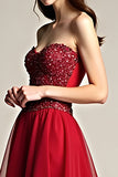 Beaded Burgundy A Line Tulle Strapless Long Prom Dress