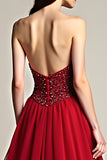 Beaded Burgundy A Line Tulle Strapless Long Prom Dress
