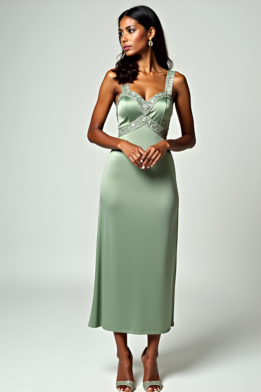 Column Dusty Sage Backless Tea-Length Formal Dress with Beading