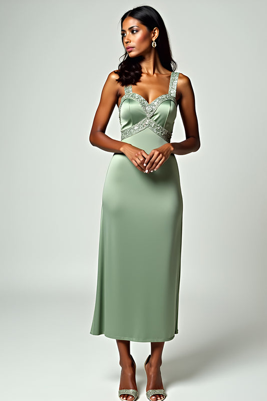 Column Dusty Sage Backless Tea-Length Formal Dress with Beading