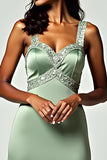 Column Dusty Sage Backless Tea-Length Formal Dress with Beading