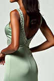 Column Dusty Sage Backless Tea-Length Formal Dress with Beading