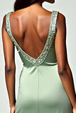 Column Dusty Sage Backless Tea-Length Formal Dress with Beading