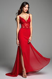 Appliqued Red Mermaid V-Neck Long Prom Dress with Slit