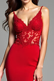Appliqued Red Mermaid V-Neck Long Prom Dress with Slit