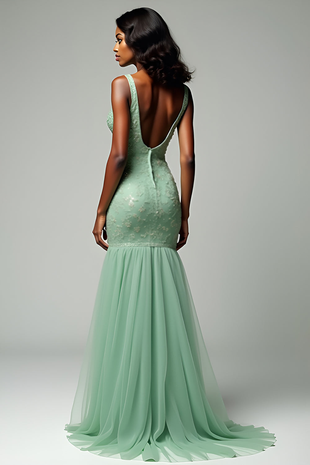Mermaid Dusty Sage Tulle Backless Long Prom Dress